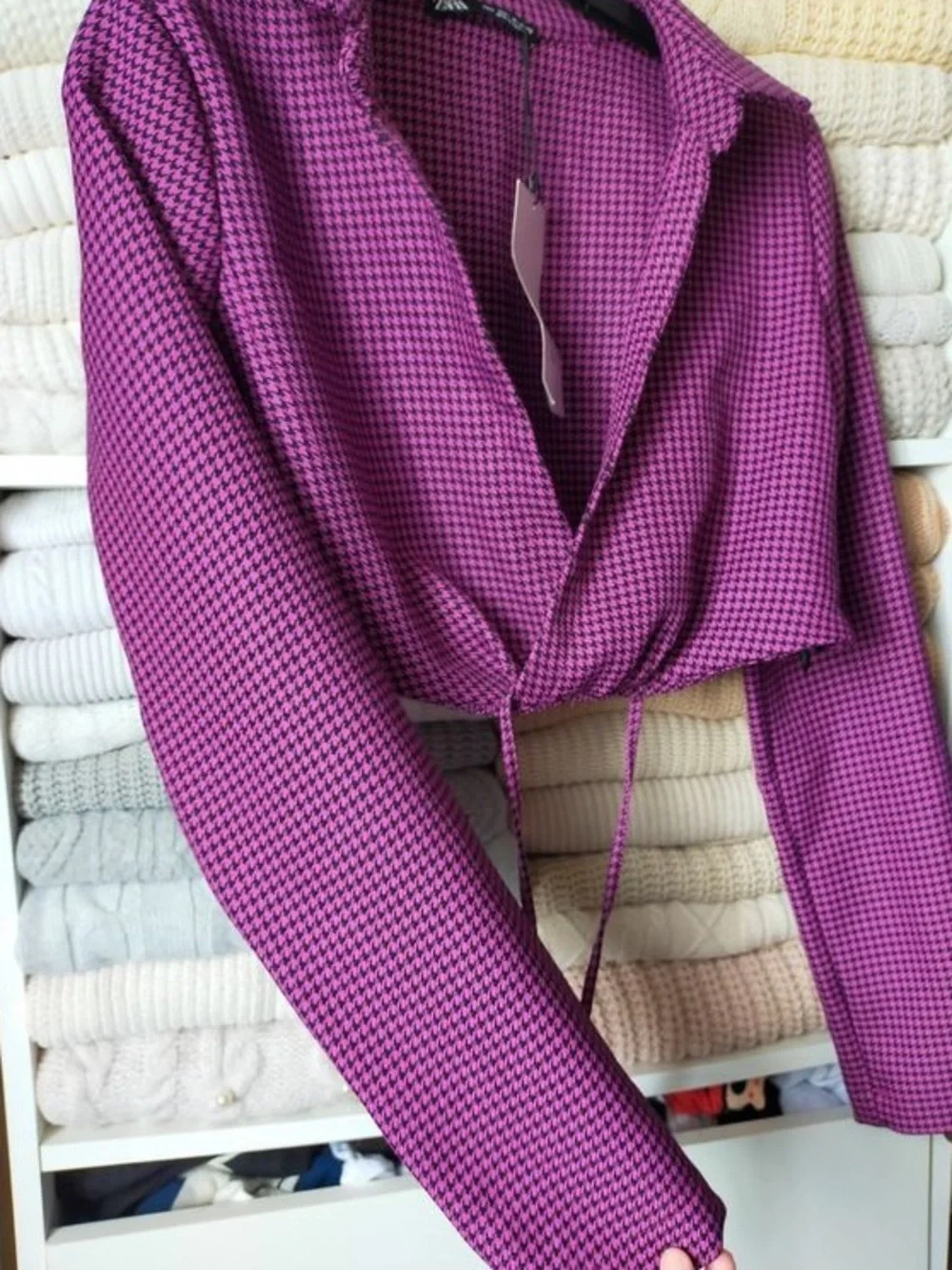 ZARA NWT Cropped Houndstooth Blazer Top Long Sleeve Purple Black Size S